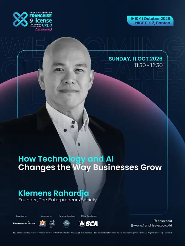 FLEI 2026 poster featuring Klemens Rahardja as speaker on technology and AI for business growth